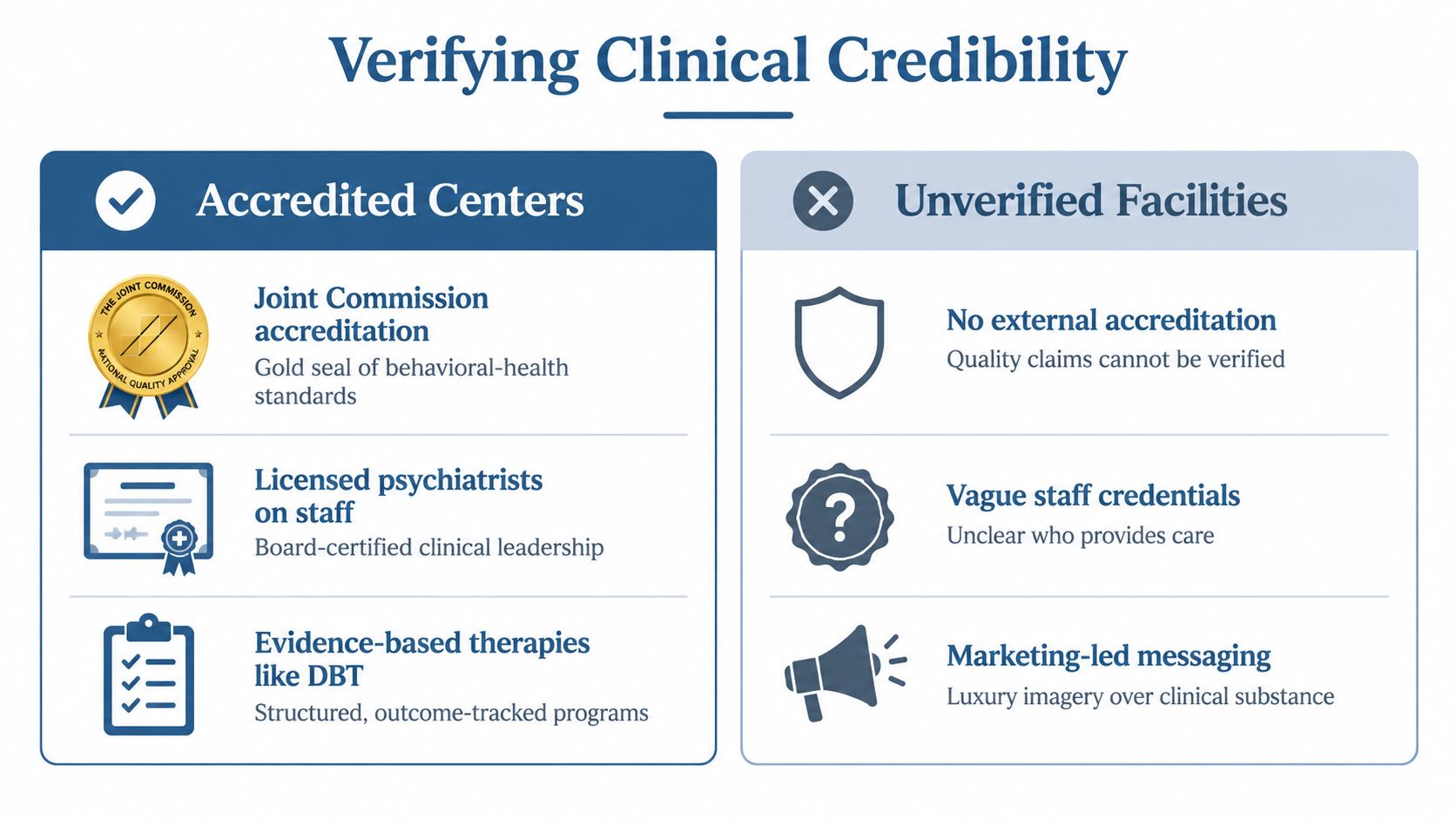 A comparison chart showing features of accredited treatment centers versus unverified clinical facilities for mental health.