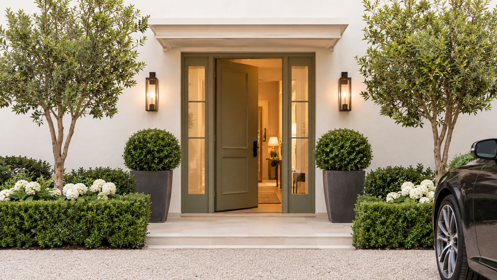 A luxurious home entrance with a sage green door, potted topiary trees, and neatly manicured landscaping.