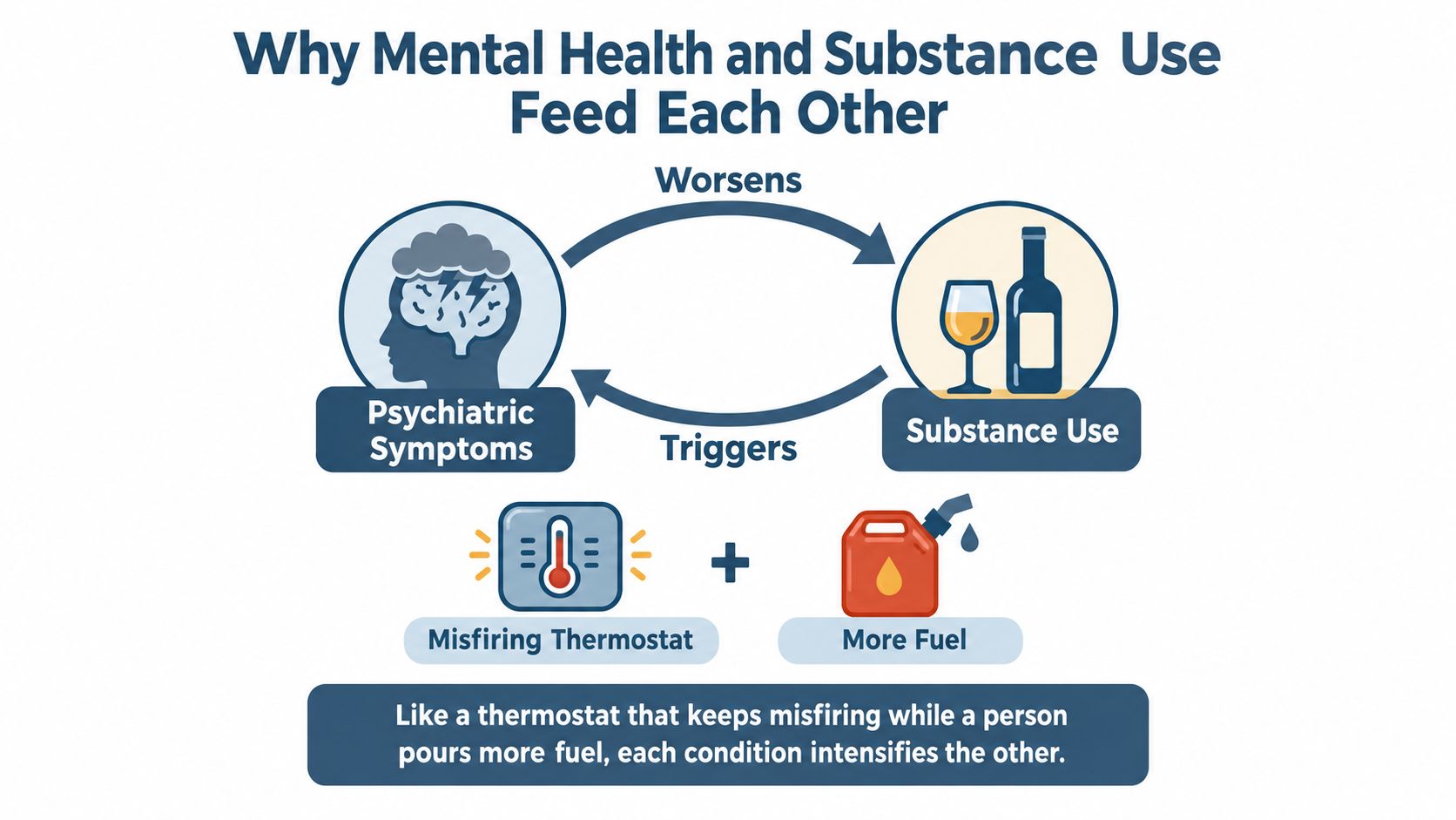 A diagram illustrating the cyclical relationship between psychiatric symptoms and substance use as mutually intensifying conditions.